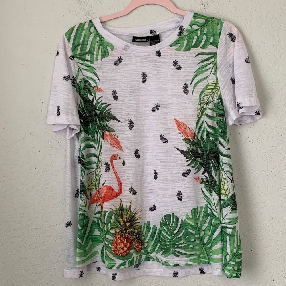 Sara Studio Women Lightweight White Top Orange Flamingo Tunic Size XL